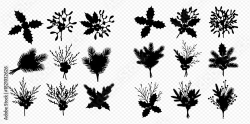 Collection of black silhouettes of various Christmas and winter holiday plants and branches, including holly, mistletoe, and pine.
