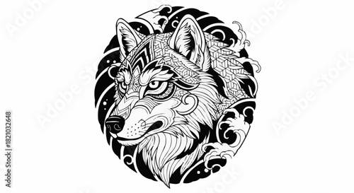 Stylized black and white wolf head illustration with ornamental details.