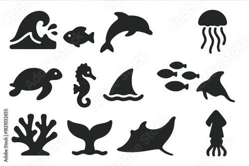 Ocean Life Icons. Solid style icons of Ocean Water Life: wave splash, small fish, dolphin silhouette, jellyfish drift, sea turtle,