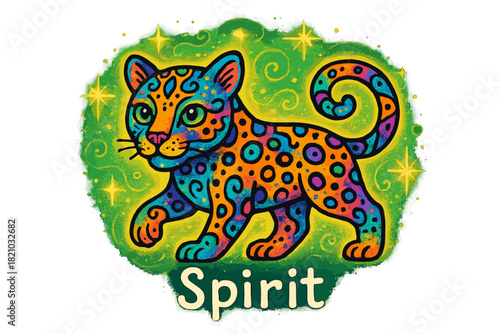 Jaguar Spirit Glow. Colorful doodle jaguar spirit in golden light with glowing stars, mystical emerald aura, center word “Spirit”,