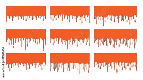 Nine abstract orange rectangles with dripping paint effect on white background