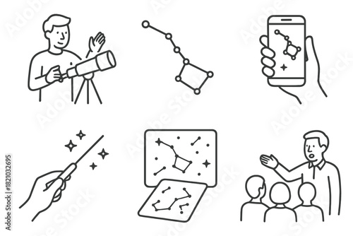 Stargazing Tour Icons. Line style icons of beginner-friendly dark sky tours: how to use telescope guide, find Big Dipper first,