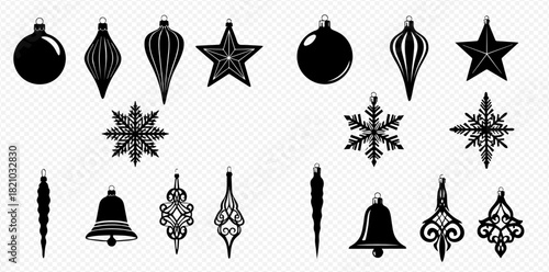 Collection of black silhouette Christmas tree ornaments and winter holiday decorations, including baubles, stars, snowflakes, bells, and icicles.