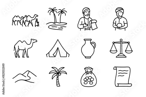 Trade Route Icons. Line style icons of Trade Route: Caravan, Oasis, Silk Merchant, Trader; Camel, Tent, Water Jar, Scale; Sand