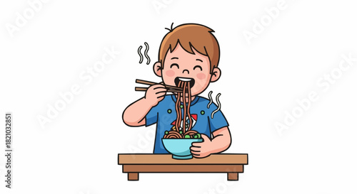 Young boy happily eating noodles with chopsticks from a bowl.