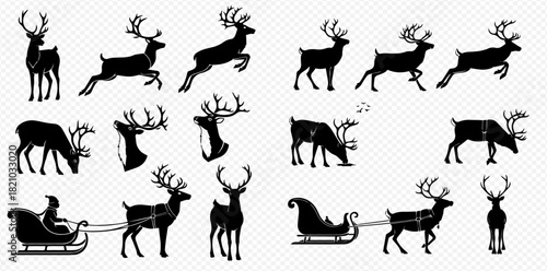 Collection of black reindeer silhouettes in various poses, including standing, running, grazing, and pulling Santa's sleigh, perfect for Christmas designs.