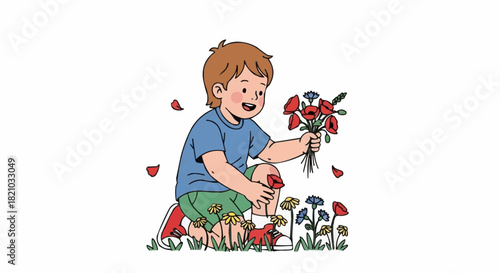 Young boy happily picking flowers from the garden, enjoying the sunny day.