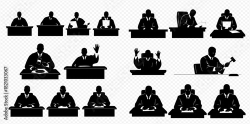 Collection of black silhouette icons depicting judges in various poses at their desks, including holding gavels and documents, representing legal proceedings.
