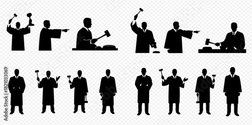 Collection of black silhouette icons depicting judges in various poses and actions, including holding gavels and standing at a desk, representing the legal system.