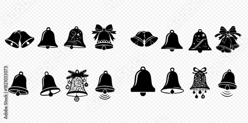 Collection of black silhouette bells with various designs and decorations, including plain, patterned, and those with bows, suitable for festive and notification themes.