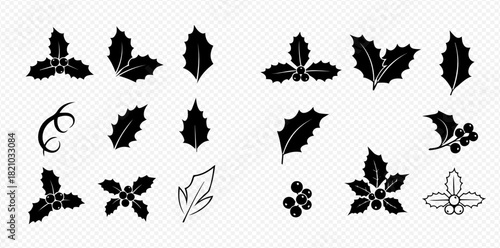 Collection of black silhouette holly leaves and berries, perfect for Christmas and winter holiday designs.