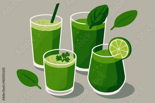 Fresh Green Smoothies. Abstract composition of fresh green smoothies in glasses on a gray textured surface, vibrant and clean