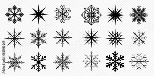 A collection of various black snowflake and star designs on a transparent background, perfect for winter and holiday themes.