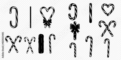 Hand-drawn black and white candy cane illustrations in various shapes and arrangements, including hearts, bows, and crossed designs.