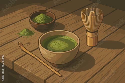 Matcha Tea Ceremony. Rustic wooden table vector illustration with a traditional matcha tea ceremony setup, illuminated by soft