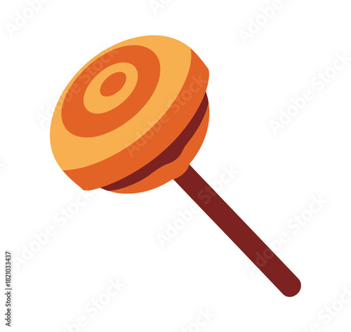 A single, striped orange lollipop with a brown stick is isolated on a white background, presented in a clean and simple illustration.