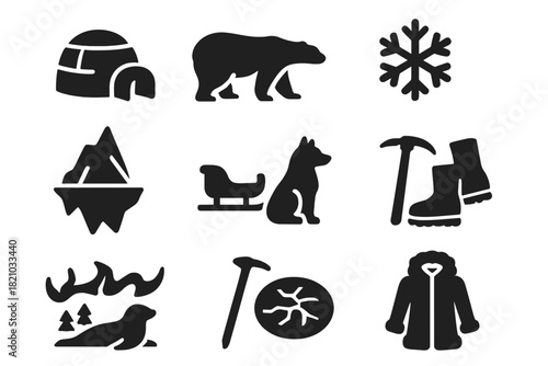 Arctic Expedition Icons. Solid style icons of Arctic Expedition: Igloo, Polar Bear, Snowflake, Iceberg, Sled, Husky Dog, Aurora,