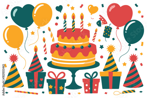 A festive birthday cake with candles sits on a stand surrounded by party hats, balloons, wrapped gifts, and confetti, creating a cheerful celebration scene.