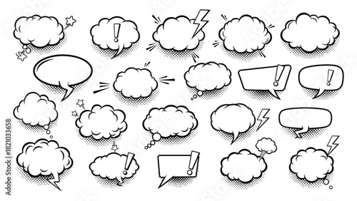 Hand drawn collection of diverse comic book speech bubbles and thought clouds