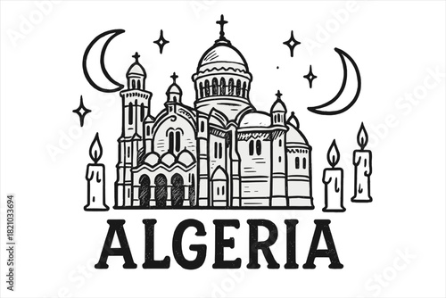 Drawing of a church with a star on top and the word Algeria written below it