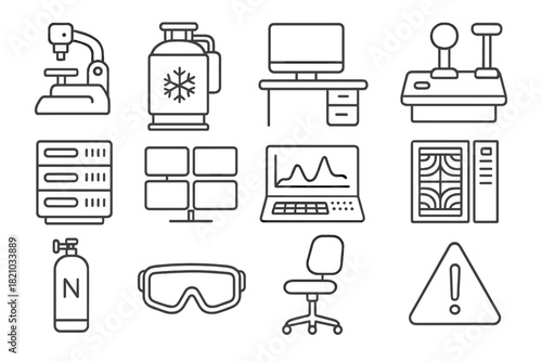 High-Tech Lab Icons. Line style icons of high-tech lab: cryo microscope, cooling tank, workstation desk, control joystick; data