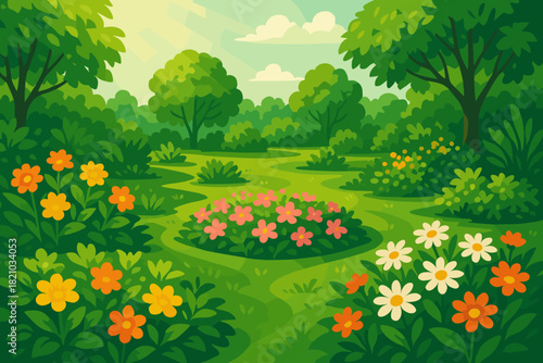 Lush Garden Serenity. Lush green vector illustration garden with vibrant flower beds and soft natural sunlight, serene and lively