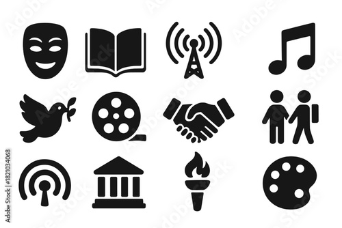 Icons of Soft Power. Solid style icons of soft power influence: cultural mask, open book, broadcast tower, music note, diplomacy