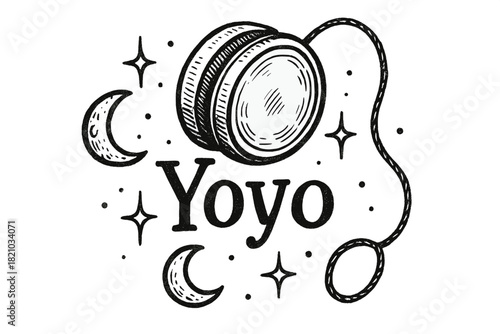 Moonlit Yo-Yo Design. Hand-drawn yo-yo with moons, strings, and sparkles, center word “Yoyo” in black and white isolated