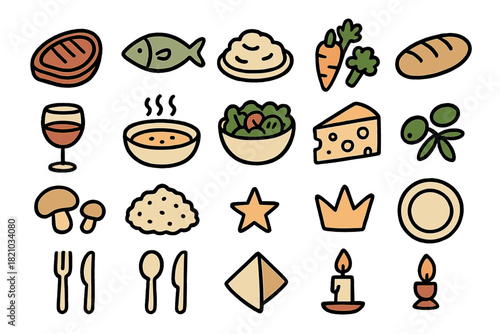 Collection of food items including a fish, a bowl of soup, a carrot