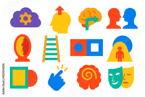 Cognitive Illusions Icons. Flat vector icons of cognitive illusions: false memory cloud, expectation bias, brain shortcut arrow,