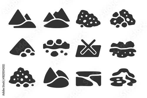 Glacial Moraines Icons. Solid style icons of Moraines and Deposits: lateral moraine, terminal moraine, glacial till, rocky debris,