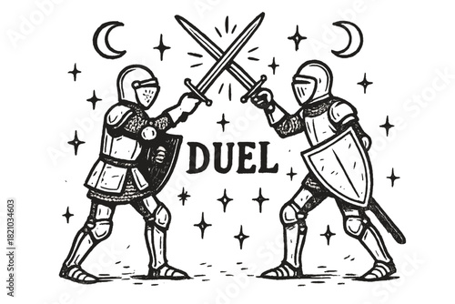 Knight Duel Art. Hand-drawn knight duel with moons, swords, and sparkles, center word “Duel” in black and white isolated