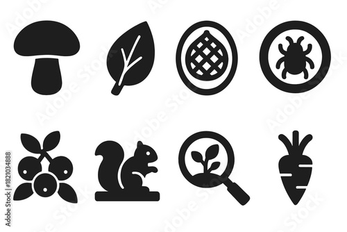Foraging Icons Collection. Solid style icons of foraging and food sources: mushroom glyph, edible leaf icon, fish trap badge. Bug