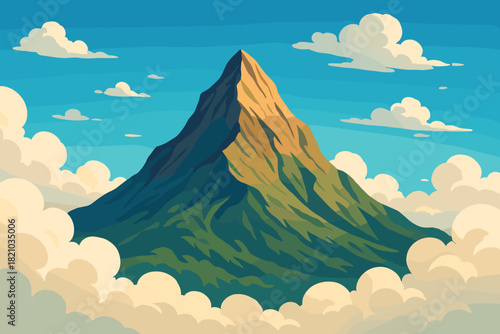 Majestic Mountain Serenity. Scenic mountain peak surrounded by soft clouds under a vibrant blue sky, rich natural tones, serene