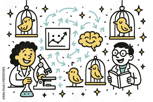 Cheerful Science Lab. Joyful doodle nocturnal orientation lab with happy scientists, cartoon birds in cages with stars, smiling