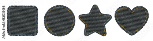 Denim patches collection with heart and star shapes. Black fabric pieces with jean texture, stitching details and torn edges.