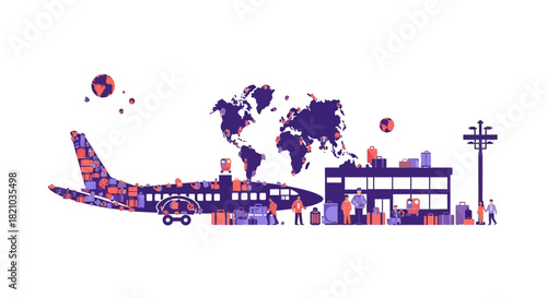 Global aviation and travel illustration depicting an airport scenario with luggage filled airplane