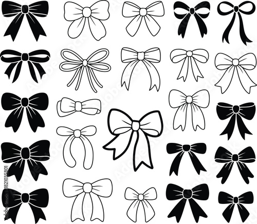 Variety of decorative ribbon bows, solid and outline designs