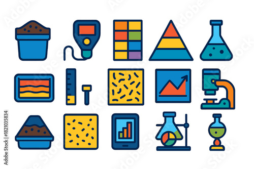 Archaeology Soil Analysis Icons. Flat vector icons of using soil analysis in archaeology: soil sample, pH meter, color chart,