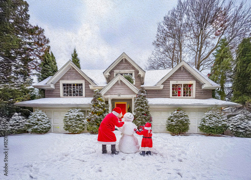 Parent and child playing with snow at the front yard in oil painting style