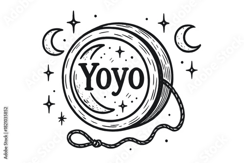 Moonlit Yo-Yo Design. Hand-drawn yo-yo with moons, strings, and sparkles, center word “Yoyo” in black and white isolated