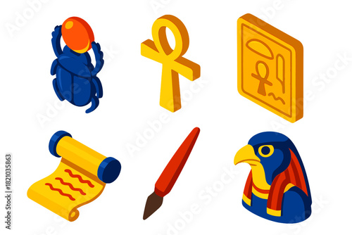 Vibrant Egyptian Icons. Isometric vector illustration set Egyptian Hieroglyphs: scarab symbol, ankh cross, carved wall panel,