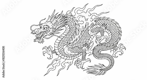 Intricate Chinese Dragon Line Art Illustration.