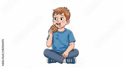 Young boy enjoys a cookie while sitting cross legged with a happy expression.