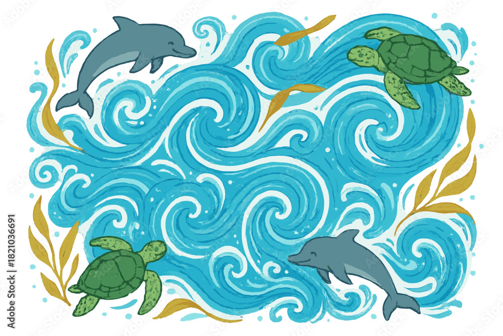 Fototapeta premium Marine Life Ballet. Ocean current dance with swirling waves, happy dolphins, drifting sea turtles, and floating kelp ribbons No