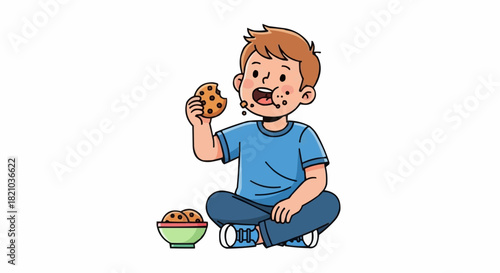 Cute little boy with a messy face eating chocolate chip cookies.