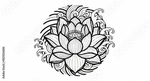Detailed Lotus Flower Illustration with Intricate Line Work and Wave Accents.