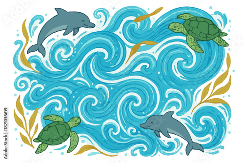 Marine Life Ballet. Ocean current dance with swirling waves, happy dolphins, drifting sea turtles, and floating kelp ribbons No
