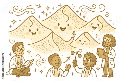 Dune Workshop Whimsy. Whimsical doodle dune formation workshop with happy scientists, cartoon dunes with faces, cheerful arrows