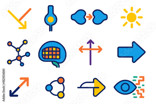 Light Signal Icons. Flat vector icons of light detection and signal processing: light ray, photoreceptor activation, synapse arrow